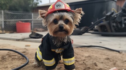 A Yorkie wearing a firefighter's helmet and holding a hose, standing in front of a burning doghouse Generative AI