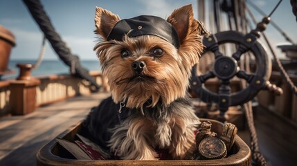Obraz premium A Yorkie dressed as a pirate, holding a treasure map and standing on the deck of a ship Generative AI