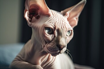 Pure White Hairless Sphynx Kitten Observing Intently with Claws Out, Copy Space. Generative AI