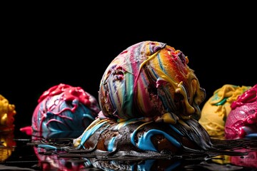 Sweet and Colourful Ice Cream Ball Over a Black Background: A Delicious Dessert Design, Generative AI