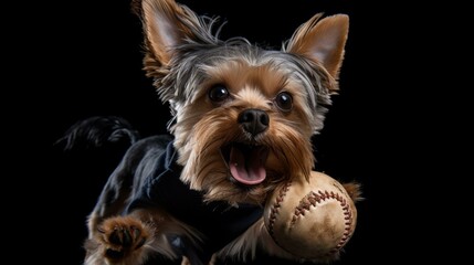 A Yorkie wearing a baseball cap and glove, catching a ball mid-air with its teeth Generative AI