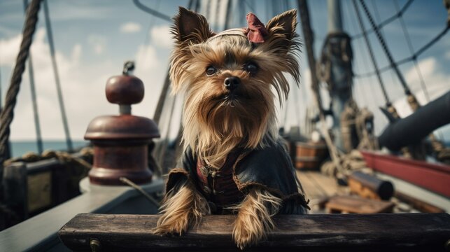 A Yorkie dressed as a pirate, holding a treasure map and standing on the deck of a ship Generative AI