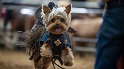 A Yorkie dressed as a cowboy, riding a bucking bronco in a rodeo arena Generative AI