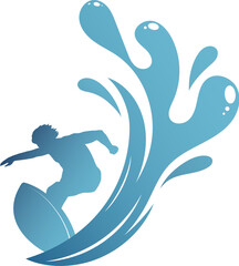 Surfer on board silhouette and big blue wave design
