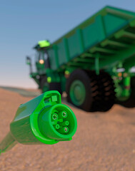 Green energy efficient mining truck concept on a sandy landscape with an electric charger 3d render