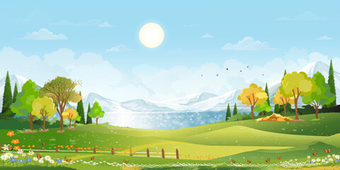 Nature Spring landscape village by the lake with Green Field,Cloud,Blue Sky,Natural rural scene Countryside with forest tree,Mountains in Sunny day Summer,Banner for Eater, Environment day background