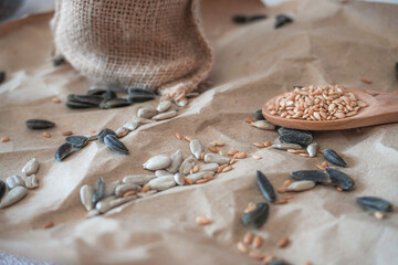 bag with sunflower seeds and wooden spoon