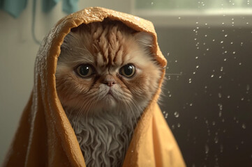 Bathing a pet. Wet cat wrapped in a towel after a shower.