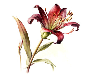 Watercolor illustration of burgundy lily on isolated white background created with Generative AI technology