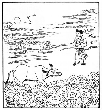 The Ten Oxherding Pictures by Puming (Fumyo), an unknown author. Stage 8 : All forgotten . Both the master and the ox are selfless and blissful in the moonlight.
