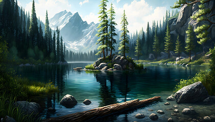 reflection of trees in the lake, generative AI