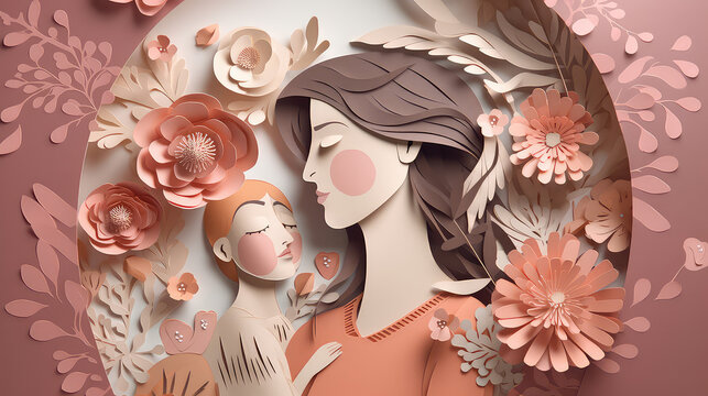 Eine Mutter mit Ihrem Kind als Muttertagsszene im Paper-Art Stil (Generative AI)