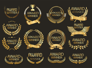 Award Winner emblem collection of gold laurel wreath vector illustration