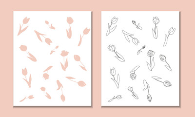 Greeting card design template. Vector illustration of outline and fill tulips. Floral background for poster, cover, booklets, wedding invitation. Minimalist greeting.