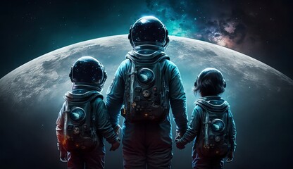 Fototapeta premium AI generated - Father and sons in space