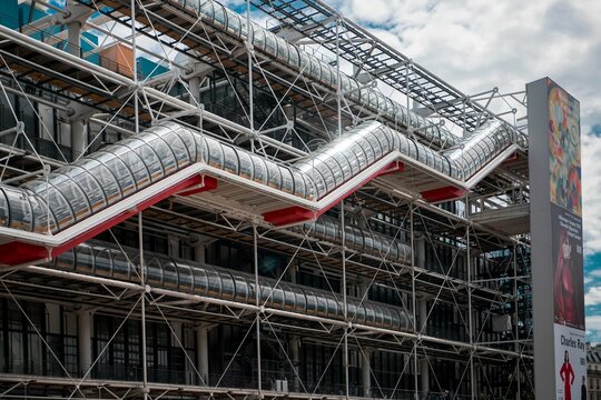 Exterior of The Centre Pompidou in Paris with the unique staircase