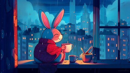 the rabbit in the night, nightscape, rabbit character, rabbit sitting on a window, generative AI