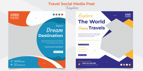 Tourism and travel holiday vacation social media post and square flyer post banner template design set
