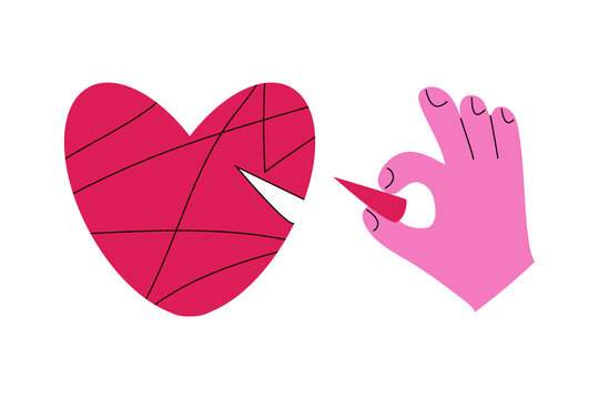 Hand puts piece of heart in place. Reconciliation concept. Red broken heart. Restore love. Broken heart, recovery. Vector illustration