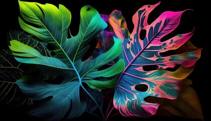 Creative fluorescent color layout made of tropical leaves