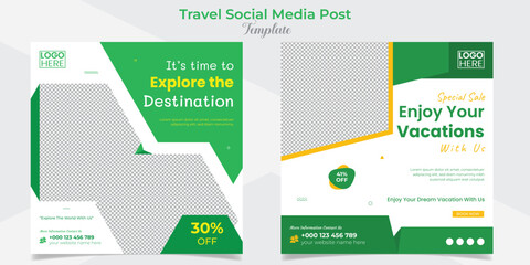 Travel and tourism social media post and square flyer post banner template design set