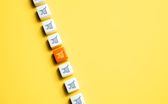 Highlighted shopping cart. Big sale. Best special offers on market. Marketing, loyalty programs and discounts. The best trading network. Advertising and announcements. Minimal background.