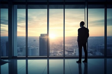 Wide Shot of a Business Man Looking Out Through Office Window With City Skyline in Background – Generative AI