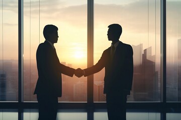 Fototapeta na wymiar Silhouette of Two Business Men Shaking Hands – Generative AI