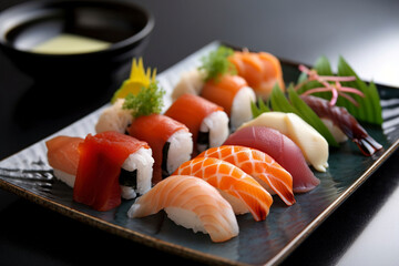 An expertly crafted sushi platter featuring an assortment of fresh and vibrant rolls and sashimi. (Generative AI)
