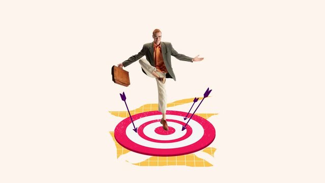 Man reaching professiona goals, targets. Growth, success. Ambitions and professionalism. Stop motion, animation. Conceptual design. Concept of business, career development, motivation and occupation