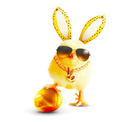 Funny cute baby chick with sunglasses and egg. - 584344223