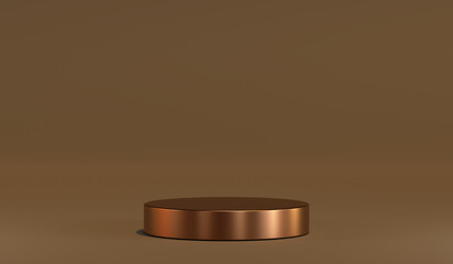 copper cylinder podium, shiny geometric, round realistic pedestal, cosmetic showcase, template, copy space, advertising, product display, 3D Rendering