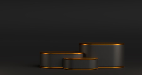 three black cylinders podiums with golden line, dark and shiny geometric, round realistic pedestal, cosmetic showcase, template, copy space, advertising, product display, 3D Rendering