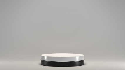 half black and white cylinder podium on an isolated background, shiny part with geometric, round realistic pedestal, cosmetic showcase, template, copy space, advertising, product display, 3D Rendering