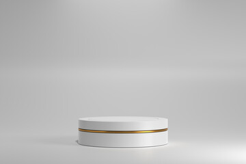 white cylinder podium with golden line on an isolated background, white geometric, round realistic pedestal, cosmetic showcase, template, copy space, advertising, product display, 3D Rendering