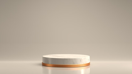 white cylinder podium on isolated background, white with golden circle geometric, round realistic pedestal, cosmetic showcase, template, copy space, advertising, product display, 3D Rendering