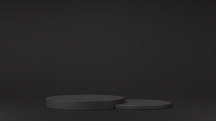 two black cylinder podiums on an isolated background, dark geometric, round realistic pedestal, cosmetic showcase, template, copy space, advertising, product display, 3D Rendering