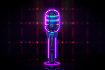 Neon microphone and glowing border frame. Template for karaoke, live music, stand up, comedy show Generative AI