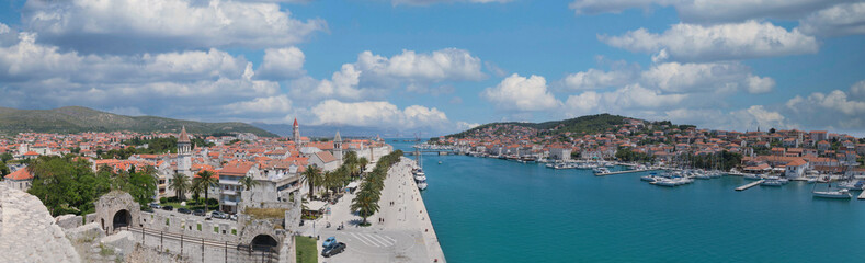 Panoramic view from above over trogir in croatia with view to the harbour and on the right side the small hilly island ciovo
