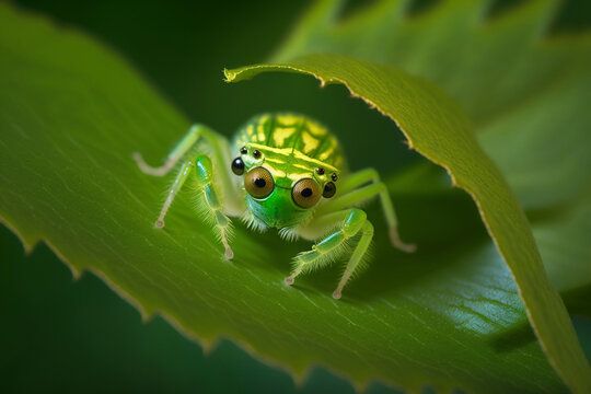 Phintella spider macro shot, cute and shining spider in a green leaf Generative AI