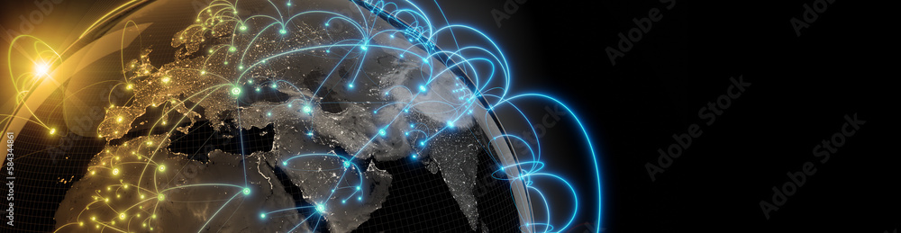 Wall mural globalization and communication concept. earth and luminous rays. 3d rendering