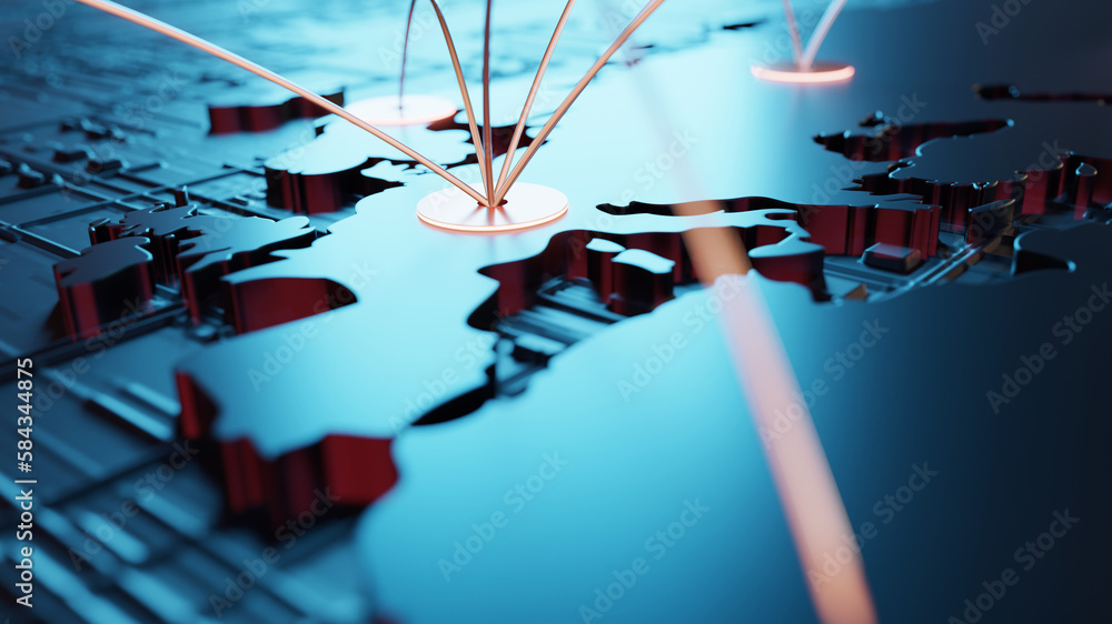 Wall mural globalization and communication concept. earth and luminous rays. 3d rendering