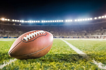 Ball of american football on green field of stadium in the night