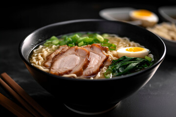 Fototapeta premium A savoury and satisfying bowl of ramen featuring perfectly cooked noodles and tender slices of pork. (Generative AI) 