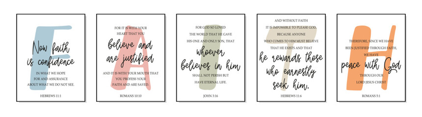Faith. Bible, religious vector quote. Lettering typography poster christian verse about faith. Set of 5 prints. Modern design frame. Vector word illustration. Wall art sign bedroom, wall decor.