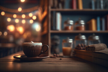 This stunning coffee shop featuring a cozy shelf and table setup, perfect for a cafe or restaurant decor Generative AI - obrazy, fototapety, plakaty