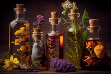 three bottles of cosmetics essential oil and herbs on dark background - obrazy, fototapety, plakaty