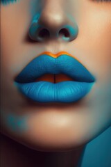 Close up of female lips with satin blue lipstick, created using generative ai technology
