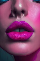 Close up of female lips with satin pink lipstick, created using generative ai technology