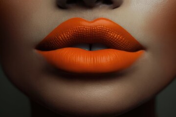 Close up of female lips with satin orange lipstick, created using generative ai technology